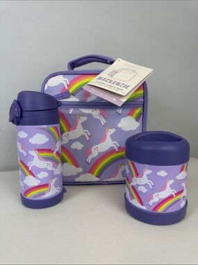 NWT Pottery Barn Kids Purple Unicorns Rainbows Mackenzie Lunch Box 3 Piece Set